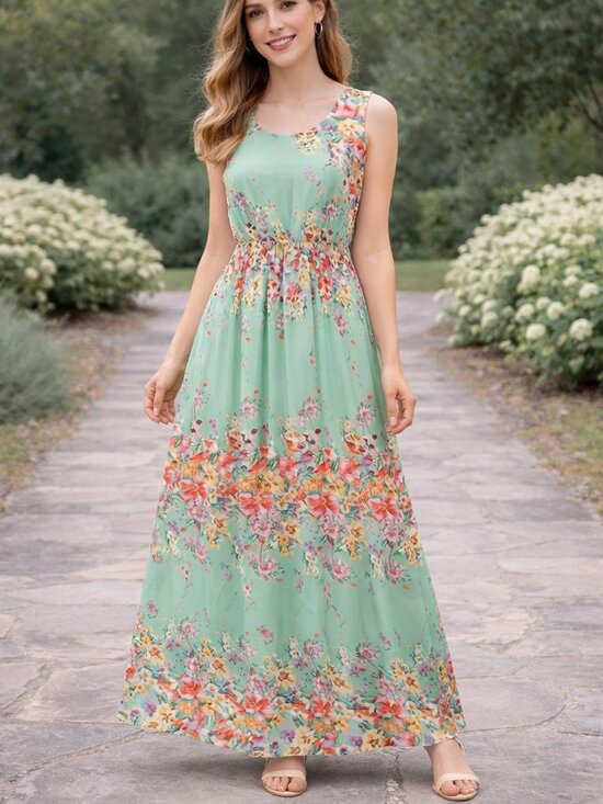Private Label Dresses & Skirts - Floral Maxi Dress Sleeveless A Line Cottagecore Romantic Feminine Green
